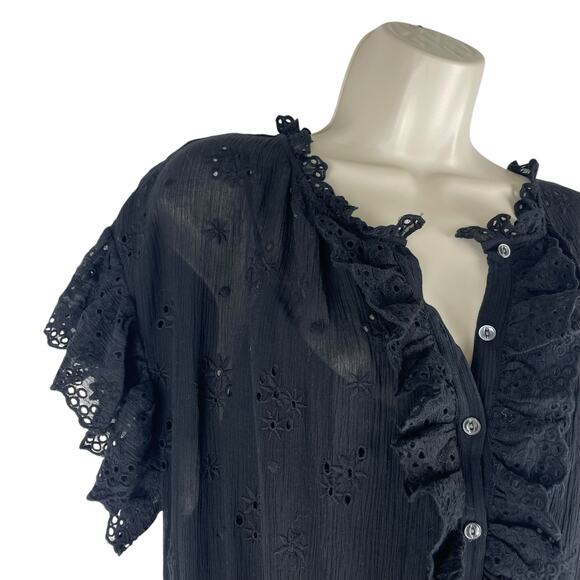 Rebecca Taylor Black Dree Silk Blend Eyelet Ruffle Mini Dress Size 12 - Picture 5 of 12